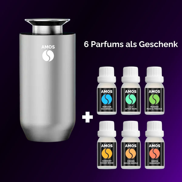 Set AMOS ONE Smart-Aromadiffusor + 6 außergewöhnliche Duft-Aromen GRATIS  + 6 verrückte Geschenkparfüms