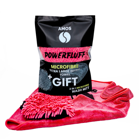 AMOS Powerfluff Ultra-saugfähiges Mikrofaser-Trockentuch, 1000 GSM, 60x80 cm, Rosa + GRATIS Handschuh