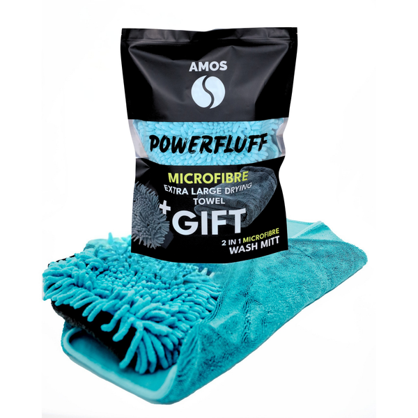 AMOS Powerfluff Ultra-saugfähiges Mikrofaser-Trockentuch, 1000 GSM, 60x80 cm, Blau + GRATIS Handschuh