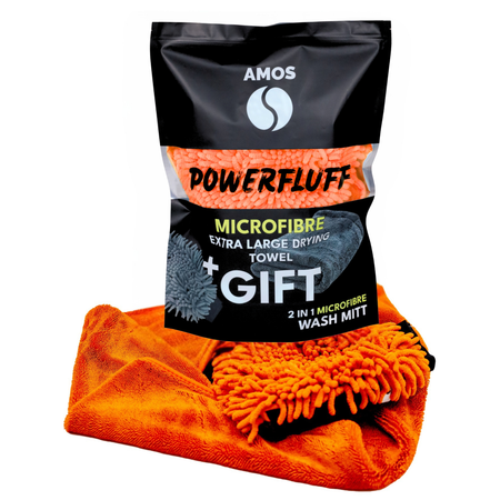 AMOS Powerfluff Ultra-saugfähiges Mikrofaser-Trockentuch, 1000 GSM, 60x80 cm, Orange + GRATIS Handschuh