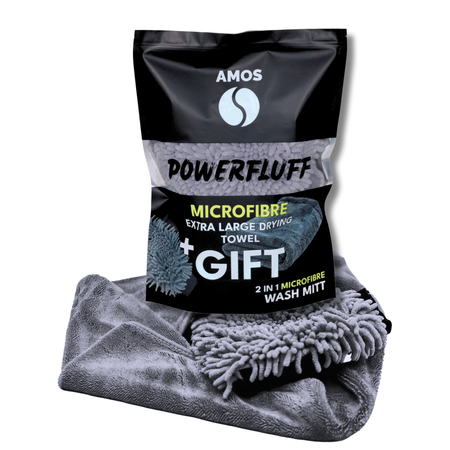 AMOS Powerfluff Ultra-saugfähiges Mikrofaser-Trockentuch, 1000 GSM, 60x80 cm, Grau + GRATIS Handschuh