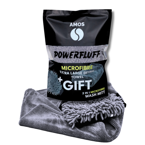 AMOS Powerfluff Ultra-saugfähiges Mikrofaser-Trockentuch, 1000 GSM, 60x80 cm, Grau + GRATIS Handschuh